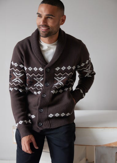 Threadbare Brown Fairisle Shawl Collar Knitted Cardigan