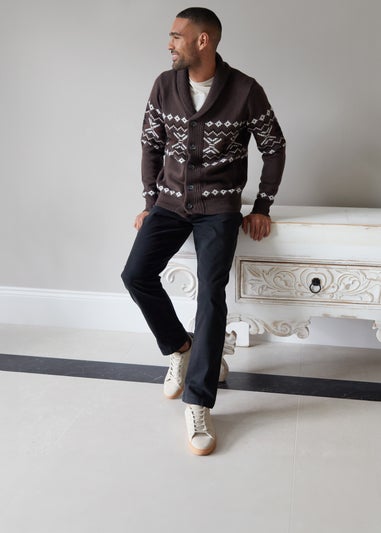 Threadbare Brown Fairisle Shawl Collar Knitted Cardigan