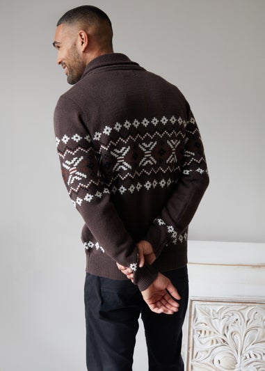 Threadbare Brown Fairisle Shawl Collar Knitted Cardigan