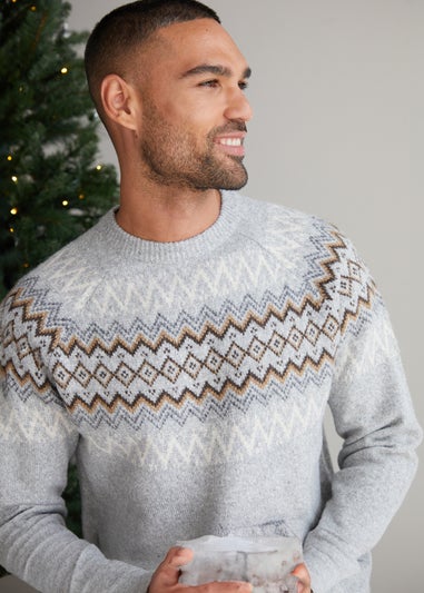 Threadbare Light Grey Raglan Sleeve Fairisle Christmas Jumper