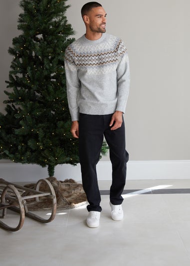 Threadbare Light Grey Raglan Sleeve Fairisle Christmas Jumper