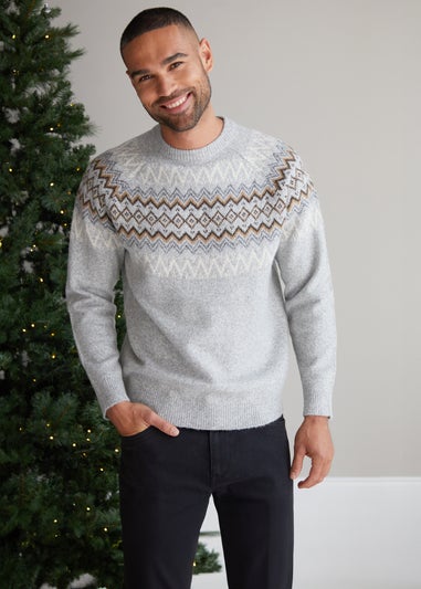 Threadbare Light Grey Raglan Sleeve Fairisle Christmas Jumper