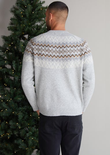 Threadbare Light Grey Raglan Sleeve Fairisle Christmas Jumper