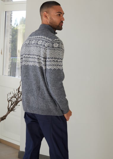 Threadbare Charcoal Fairisle Quarter Zip Christmas Jumper