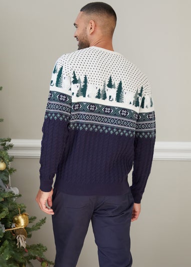 Threadbare Navy Cable Knit Fairisle Christmas Jumper