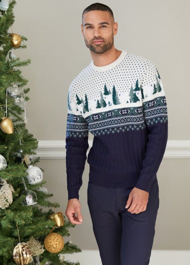 Threadbare Navy Cable Knit Fairisle Christmas Jumper