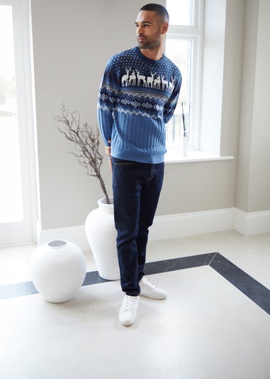 Threadbare Blue Cable Knit Fairisle Crew Neck Christmas Jumper