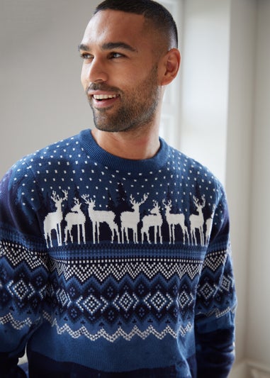 Threadbare Blue Cable Knit Fairisle Crew Neck Christmas Jumper