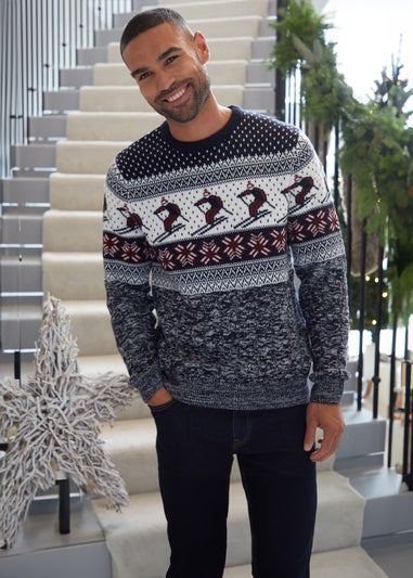 Threadbare Navy Cable Knit Ski Fairisle Christmas Jumper