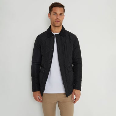 Threadbare Black Showerproof Diamond Quilted Collared Jacket