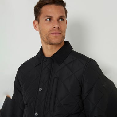 Threadbare Black Showerproof Diamond Quilted Collared Jacket