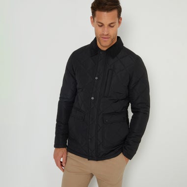 Threadbare Black Showerproof Diamond Quilted Collared Jacket