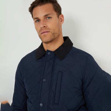 Threadbare Navy Showerproof Diamond Quilted Collared Jacket