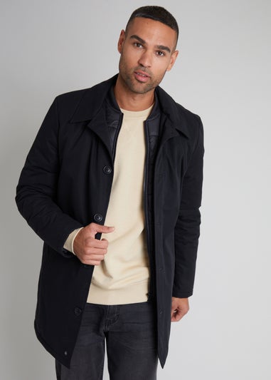 Threadbare Black Showerproof Mock Layer Padded Mac Coat