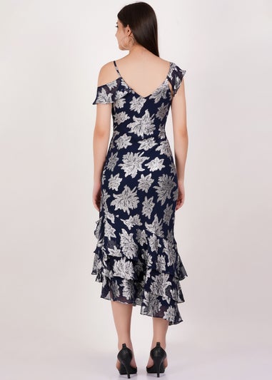 Gini London Navy Floral Clipped Tiered Ruffle Midi Dress