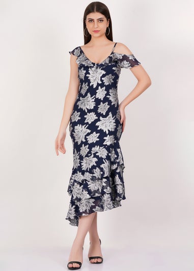 Gini London Navy Floral Clipped Tiered Ruffle Midi Dress