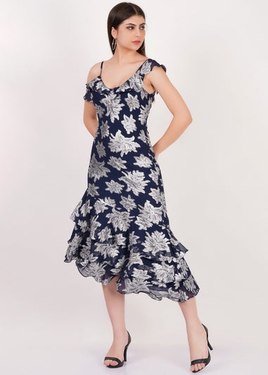 Gini London Navy Floral Clipped Tiered Ruffle Midi Dress