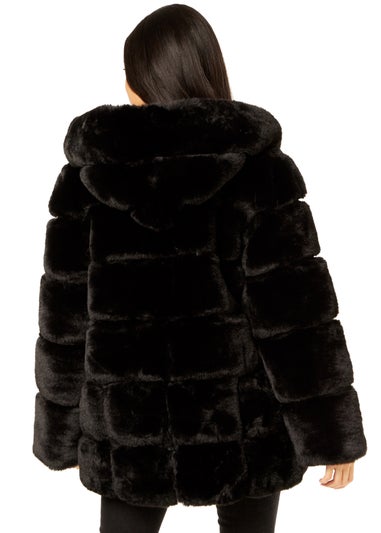 Gini London Black Horizontal Cut Fur Hooded Jacket