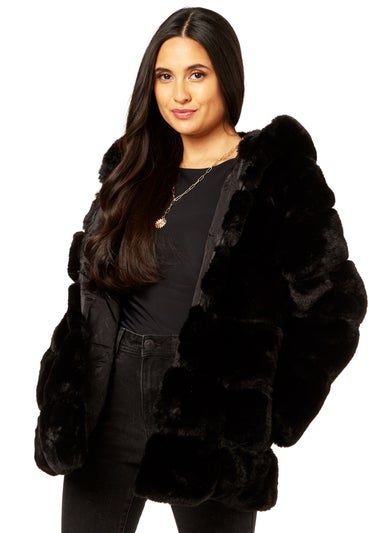 Gini London Black Horizontal Cut Fur Hooded Jacket