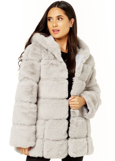 Gini London Silver Horizontal Cut Fur Hooded Jacket