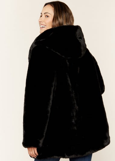 Gini London Black Hooded Long Sleeve Faux Fur Jacket