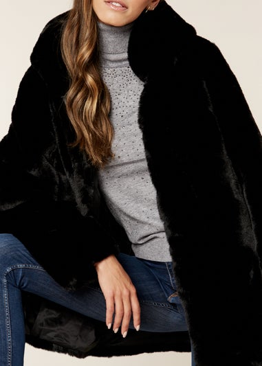 Gini London Black Hooded Long Sleeve Faux Fur Jacket