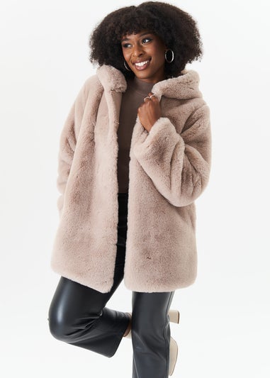 Gini London Beige Hooded Long Sleeve Faux Fur Jacket