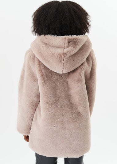 Gini London Beige Hooded Long Sleeve Faux Fur Jacket