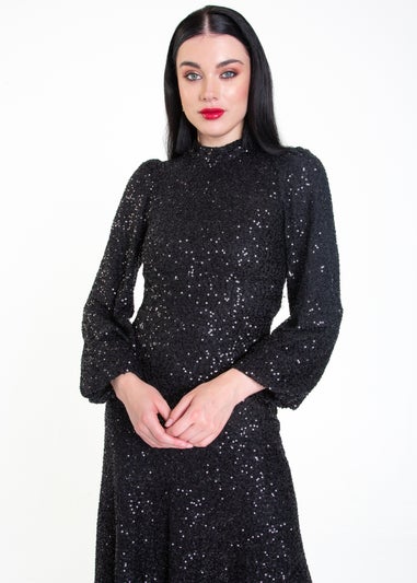 Gini London Black Sequin High Neck Occassion Midi Dress