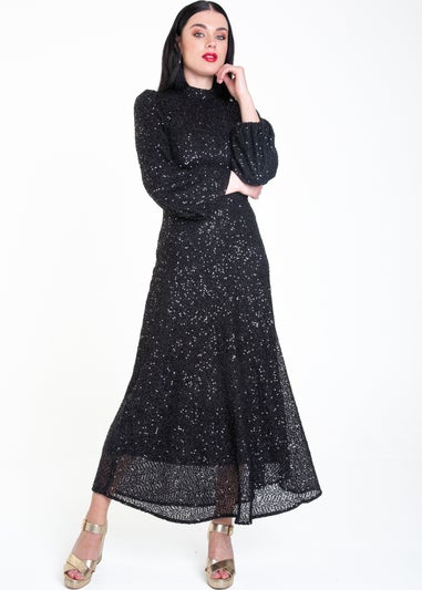 Gini London Black Sequin High Neck Occassion Midi Dress