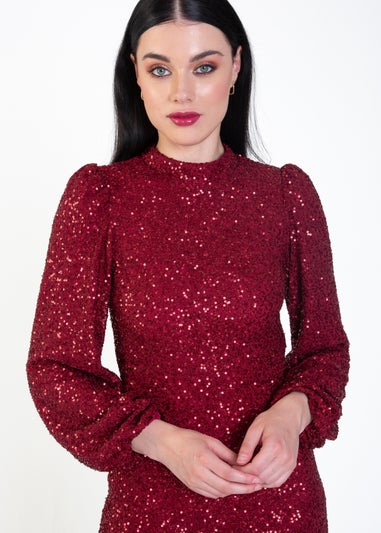 Gini London Burgundy Sequin High Neck Occasion Midi Dress