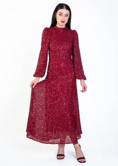 Gini London Burgundy Sequin High Neck Occasion Midi Dress