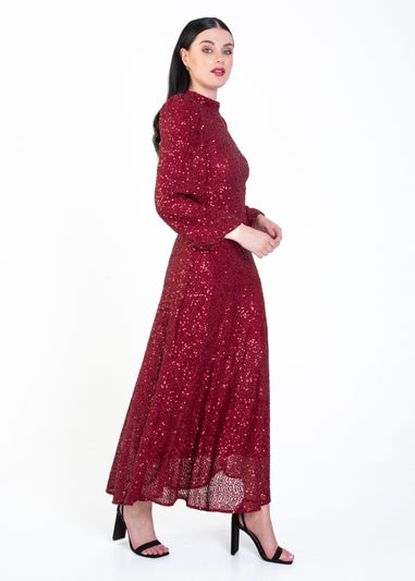 Gini London Burgundy Sequin High Neck Occasion Midi Dress