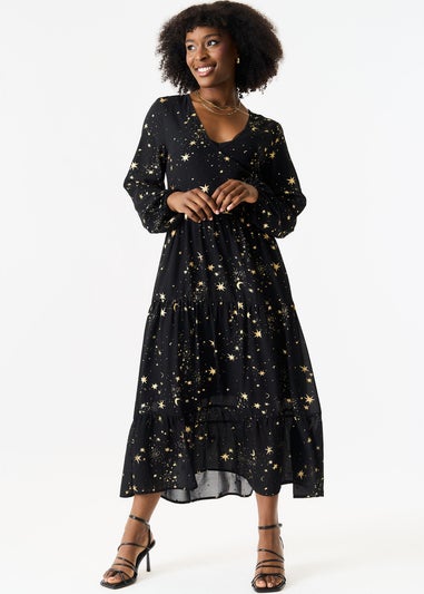 Gini London Black Star Print Smock Maxi Dress