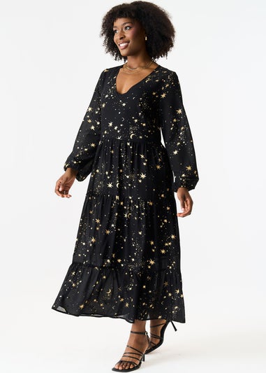 Gini London Black Star Print Smock Maxi Dress