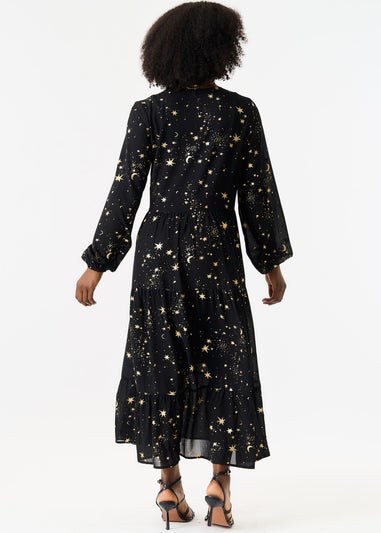 Gini London Black Star Print Smock Maxi Dress