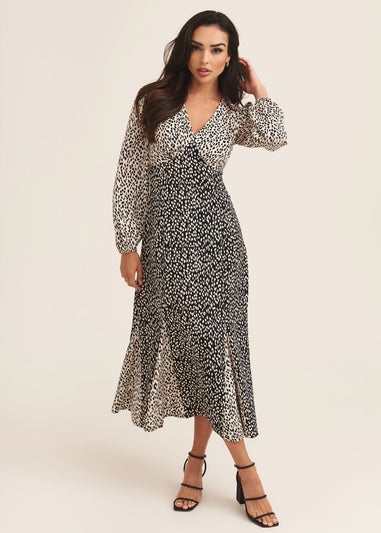 Gini London Black Mix Animal Print Godet Midi Dress