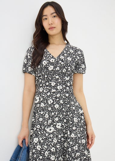 Black Ditsy Floral Mini Tea Dress