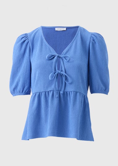 Blue Textured Tie Front Top