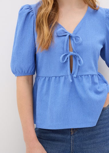 Blue Textured Tie Front Top