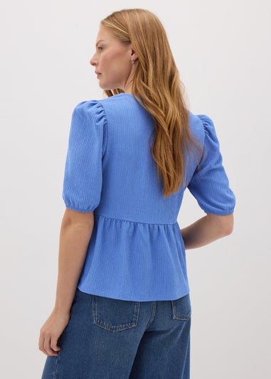 Blue Textured Tie Front Top