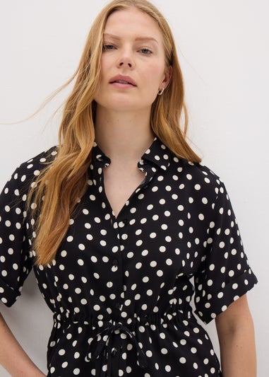 Black Spot Tie Waist Longline Shirt