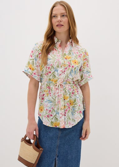 Cream Floral Tie Waist Longline Shirt