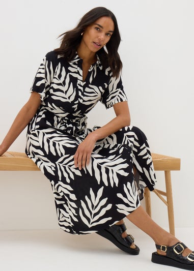 Black Monochrome Leaf Shirt Midi Dress