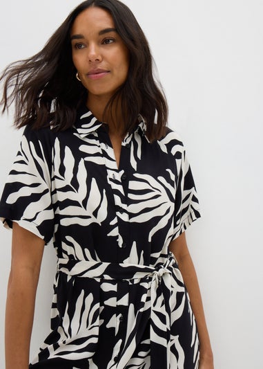 Black Monochrome Leaf Shirt Midi Dress