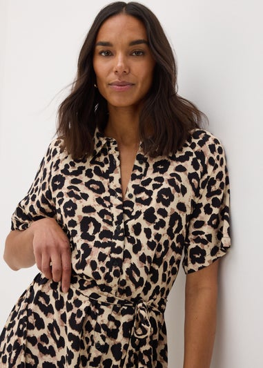 Brown Leopard Print Midi Shirt Dress