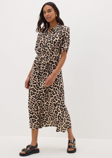 Brown Leopard Print Midi Shirt Dress