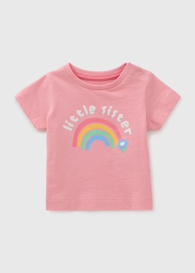 Girls Pink Little Sister Rainbow T-Shirt (Newborn-23mths)