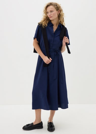 Navy Short Sleeve Midi Shirt Dress