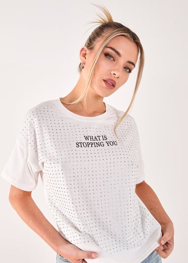 Pink Vanilla White Rhinestone Slogan Cropped T-shirt